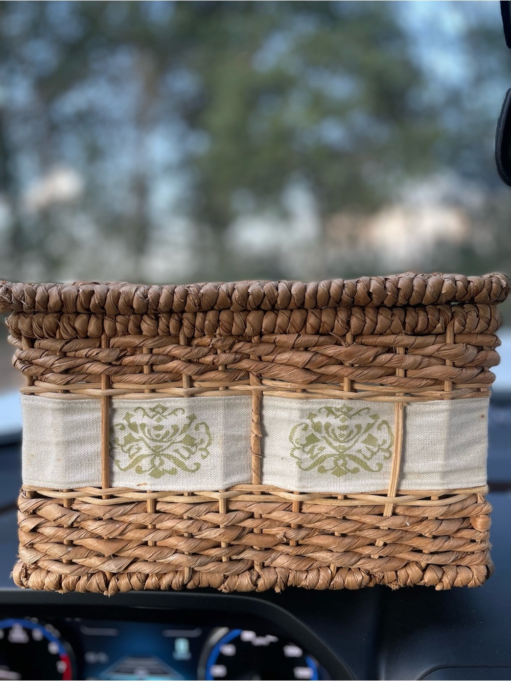 handwoven rectangular wicker and water hyacinth storage basket with a lid